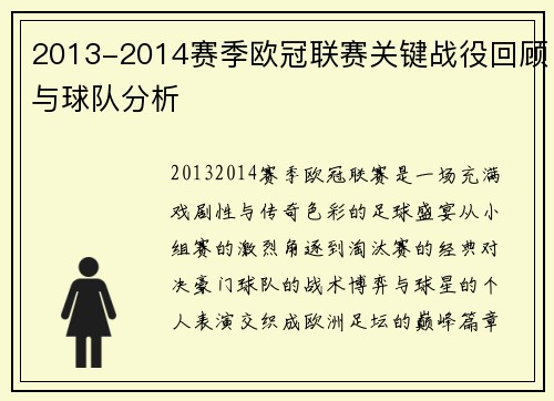 2013-2014赛季欧冠联赛关键战役回顾与球队分析